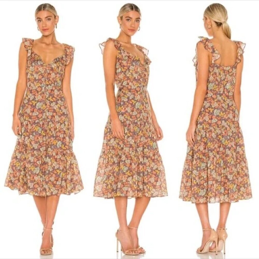 Veronica Beard Malgosia Floral Cotton Midi Dress Ruffle Tiered Orange 4
